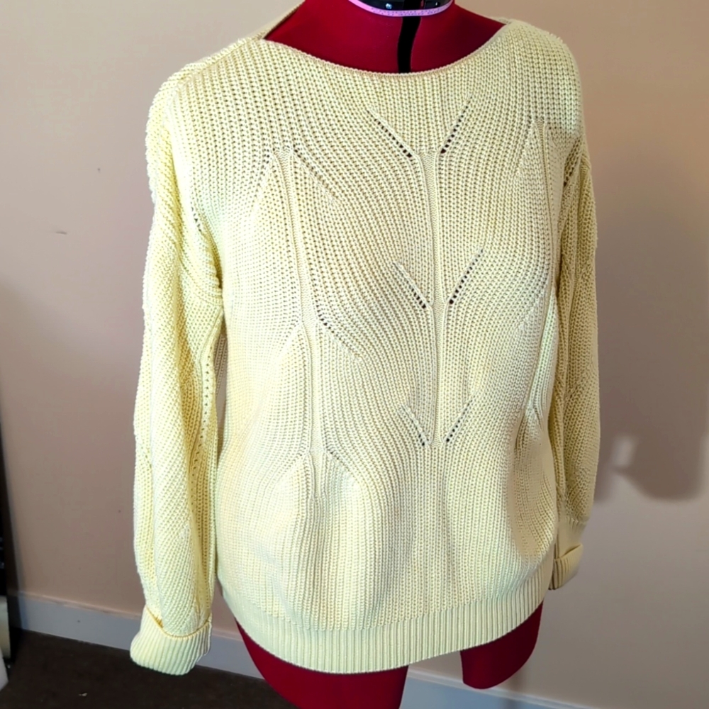 Repeat| Yellow Boxy Fit Rib Knit Boatneck Pullover With Cable Pattern In Center